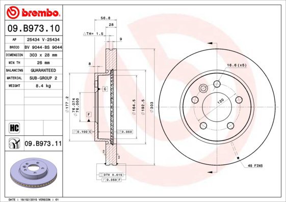 

BREMBO brzdový kotouč 09.B973.11, sada 2 ks