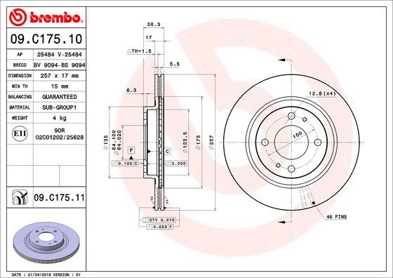 

BREMBO brzdový kotouč 09.C175.11, sada 2 ks