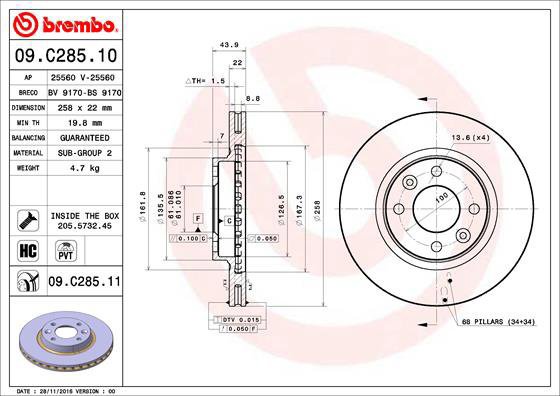 

BREMBO brzdový kotouč 09.C285.11, sada 2 ks