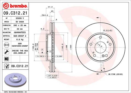 

BREMBO brzdový kotouč 09.C312.21, sada 2 ks