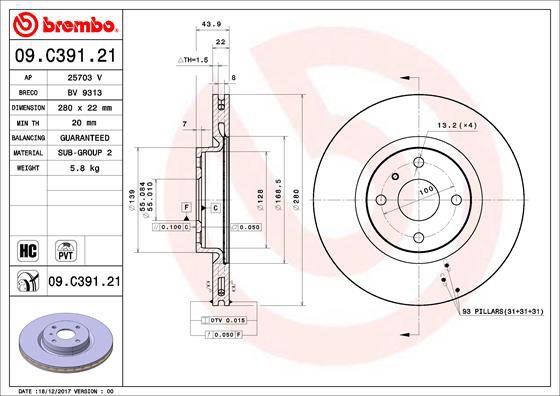 

BREMBO brzdový kotouč 09.C391.21, sada 2 ks