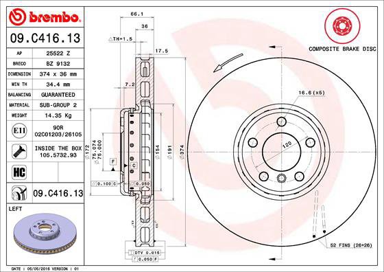 

BREMBO brzdový kotouč 09.C416.13, sada 2 ks