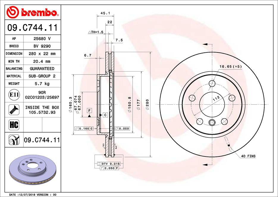 

BREMBO brzdový kotouč 09.C744.11, sada 2 ks