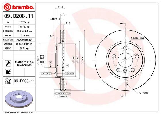 

BREMBO brzdový kotouč 09.D208.11, sada 2 ks