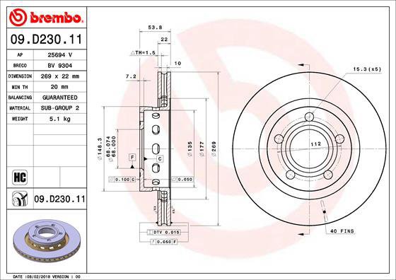 

BREMBO brzdový kotouč 09.D230.11, sada 2 ks
