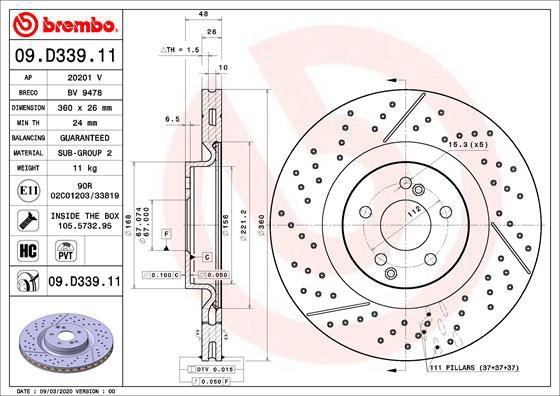 

BREMBO brzdový kotouč 09.D339.11, sada 2 ks