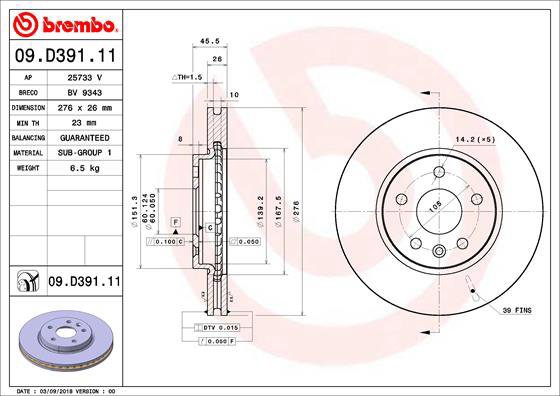 

BREMBO brzdový kotouč 09.D391.11, sada 2 ks