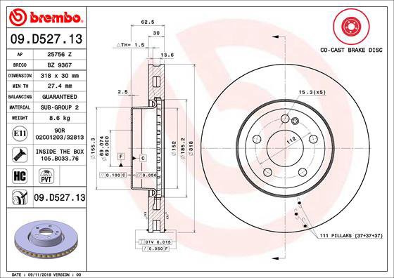 

BREMBO brzdový kotouč 09.D527.13, sada 2 ks
