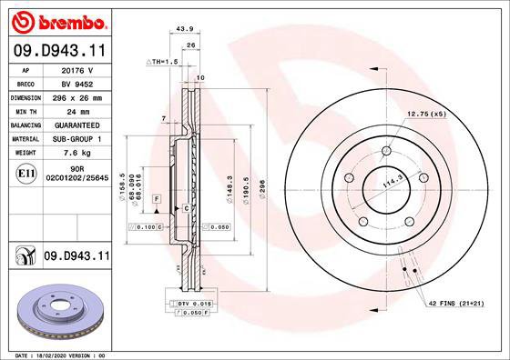 

BREMBO brzdový kotouč 09.D943.11, sada 2 ks