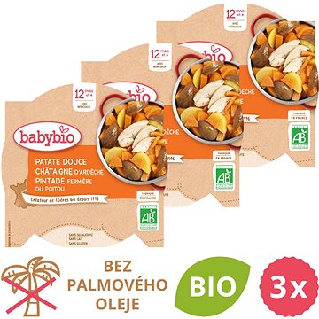 

BABYBIO Sladké brambory s kaštanovým pyré a farmářskou perličkou 3× 230 g