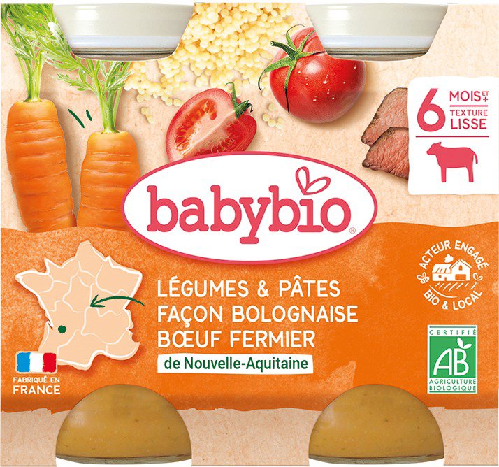 

BABYBIO Zelenina s těstovinami na boloňský způsob s farmářským hovězím masem 2× 200 g