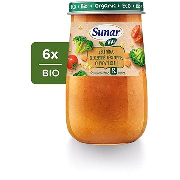 

Sunar BIO příkrm zelenina, celozrnné těstoviny, olivový olej 8m+, 6× 190 g