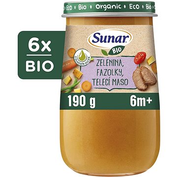 

Sunar BIO příkrm zelenina, fazolky, telecí maso, olivový olej 6m+, 6× 190 g