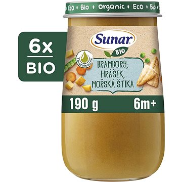 

Sunar BIO příkrm brambory, hrášek, mořská štika, olivový olej 6m+, 6× 190 g