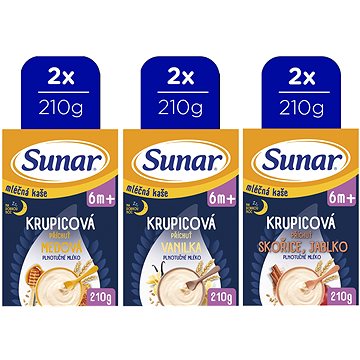 

Sunar mléčná krupicová kaše na dobrou noc mix příchutí 6m+, 6× 210 g