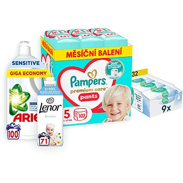 

PAMPERS balíček V. (plenkové kalhotky vel. 5 - 102 ks, vlhčené ubrousky, prací gel a aviváž)