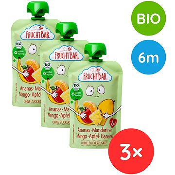 

FruchtBar BIO ovocná kapsička s jablkem, ananasem, mangem, banánem a mandarinkou 3× 100 g