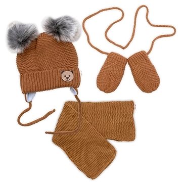 

Baby Nellys Dětská sada, zimní čepice s šálou + rukavičky 3D, Teddy Bear - hnědá