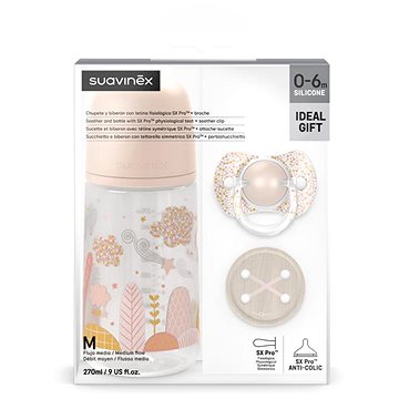 

Suavinex Sada láhev 270 ml + dudlík fyziologický 0-6m + klip Dreams růžová