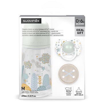 

Suavinex Sada láhev 270 ml + dudlík fyziologický 0-6m + klip Dreams zelená
