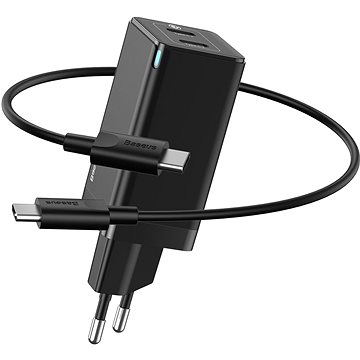 Baseus GaN Dual USB-C Quick Travel Charger 45W + Type-C (USB-C) Cable 60W 1m Black - Nabíječka do sítě