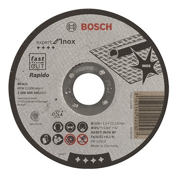 

BOSCH Dělicí kotouč rovný Expert for Inox - Rapido AS 60 T INOX BF, 115 mm, 1,0 mm 2.608.600.545