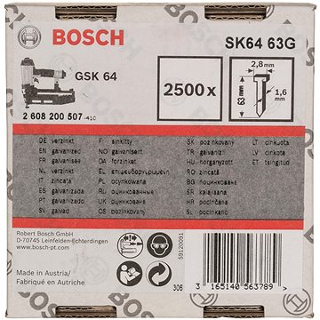 

BOSCH Hřeby se zápustnou hlavou SK64 63G 1,6 mm, 63 mm, pozinkovaný 2.608.200.507