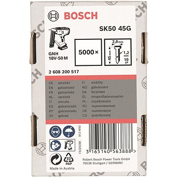 

BOSCH Hřeby se zápustnou hlavou SK50 45G 1,2 mm, 45 mm, pozinkovaný 2.608.200.517