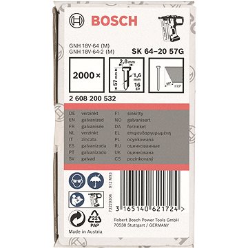 

BOSCH Hřeby se zápustnou hlavou SK64 20G 57 mm, pozinkovaný 2.608.200.532