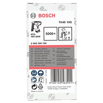 

BOSCH Sponky TK40 15G 1,2 mm, 15 mm, pozinkované 2.608.200.700