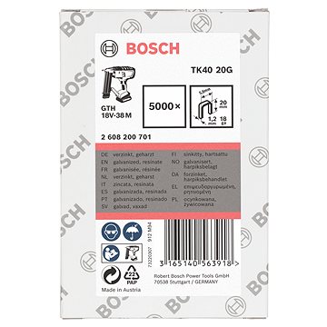 

BOSCH Sponky TK40 20G 1,2 mm, 20 mm, pozinkované 2.608.200.701