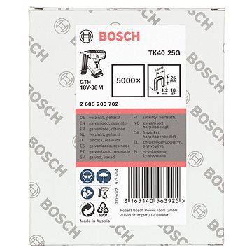 

BOSCH Sponky TK40 25G 1,2 mm, 25 mm, pozinkované 2.608.200.702