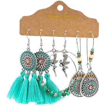 

Camerazar Ručně malované etnické náušnice Boho, stříbrné/tyrkysové, 3 páry, 5 - 7,5 cm