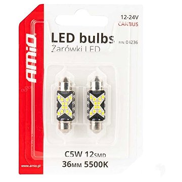 AMIO LED žárovky Festoon CANBUS 12/24V SV 36 mm čiré, 2 ks