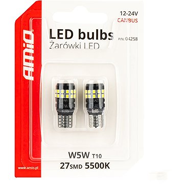 AMIO LED žárovky 12 V/24 V 5 W W2,1 × 9,5 d CANBUS, čiré, 2 ks