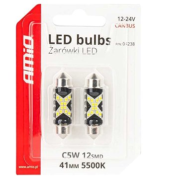 AMIO LED žárovka Festoon CANBUS 12/24V SV41mm čiré, 2 ks