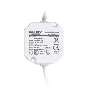 

McLED Napájecí zdroj 20 W, DC12 V/1,67 A, IP67, do elektroinstalační krabice