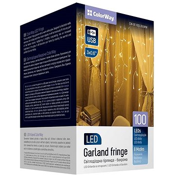 

ColorWay CW-GF-100L36UWW, LED vánoční girlanda, 100x LED, Teplá bílá, Délka 3m x 0,6 m, USB