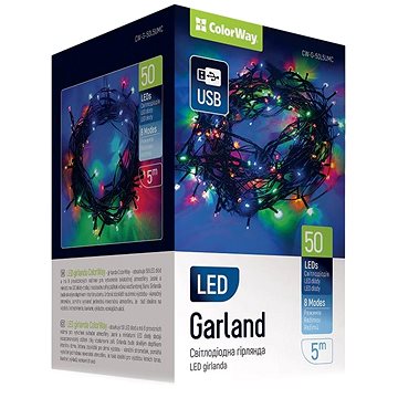 

ColorWay CW-G-50L5UMC, LED vánoční řetěz, 50x LED, Vícebarevný, Délka 5 m, USB