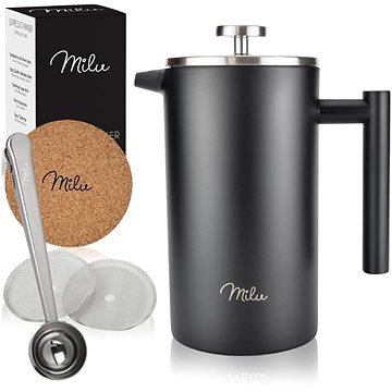 

Milu French Press z nerezové oceli 1 l, černý, vč. 5 šálků, tácku, lžíce a náhradního filtru