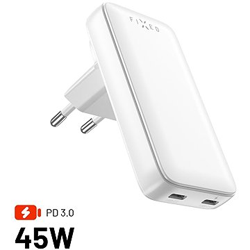 

FIXED Slim Traveller GaN PD 45W s 2x USB-C výstupem s vyměnitelnými adaptéry bílá
