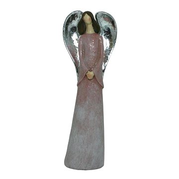 

GOBA Vánoční dekorace - keramický anděl, růžový + stříbrná křídla, 20 cm