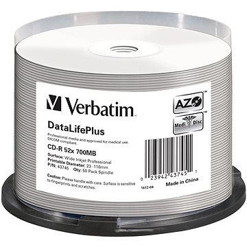 

VERBATIM CD-R DataLifePlus 700MB, 52x, white printable, spindle 50 ks