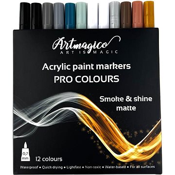 

Artmagico Pro Smoke and Shine akrylové fixy, černo-bílé a metalické odstíny, 12 ks