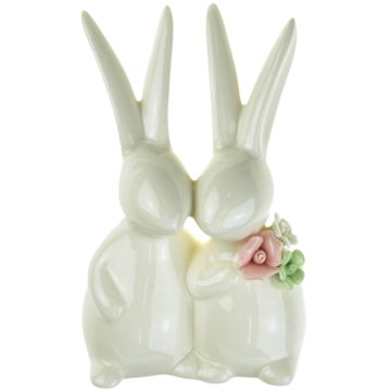 

DOMMIO Velikonoční dekorace - Pár porcelánových zajíčků s kytičkou, 12 cm