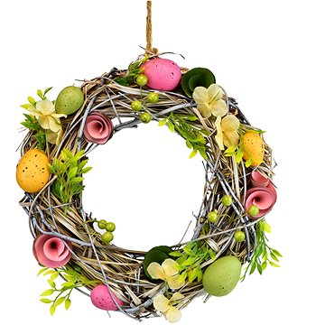 

DOMMIO Velikonoční dekorace - Slámový věnec s vajíčky a s kvítky, průměr 30 cm