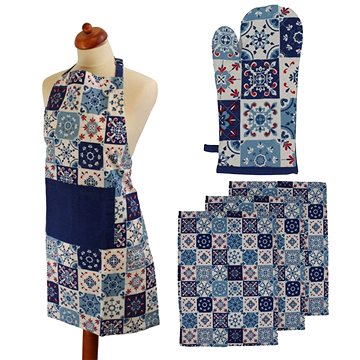 

HOME ELEMENTS Set zástěra, chňapka s magnetem, 3 utěrky, Modrý motiv
