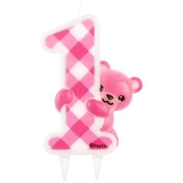 Svíčka narozeninová, 12cm, medvídek, &quot;1&quot;, růžová - Svíčka