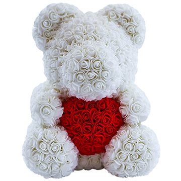 Rose Bear Bílý medvídek z růží s červeným srdcem 38 cm - Medvídek z růží