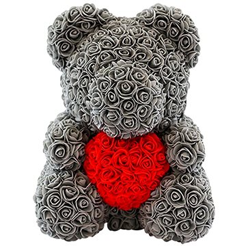 Rose Bear Šedý medvídek z růží s červeným srdcem 38 cm - Medvídek z růží